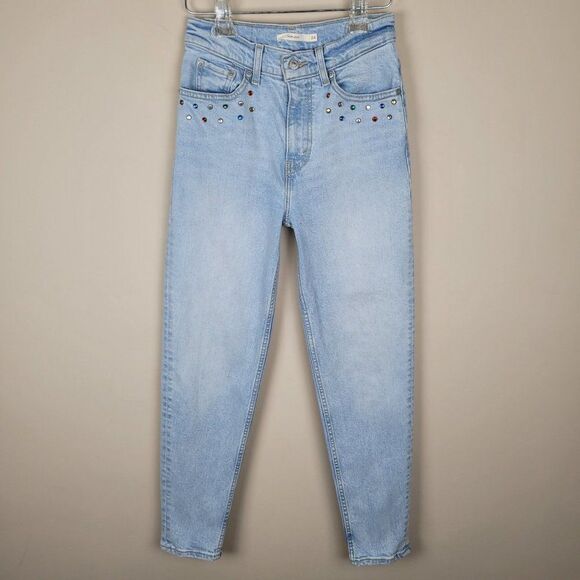 Levi's Mom Jean Jeweled Rhinestone High Waist Light Wash Blue Crop Jeans Sz 24 - Picture 3 of 15